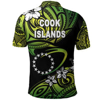Green/black rugby polo back graphic with “Cook Islands” text and tribal print