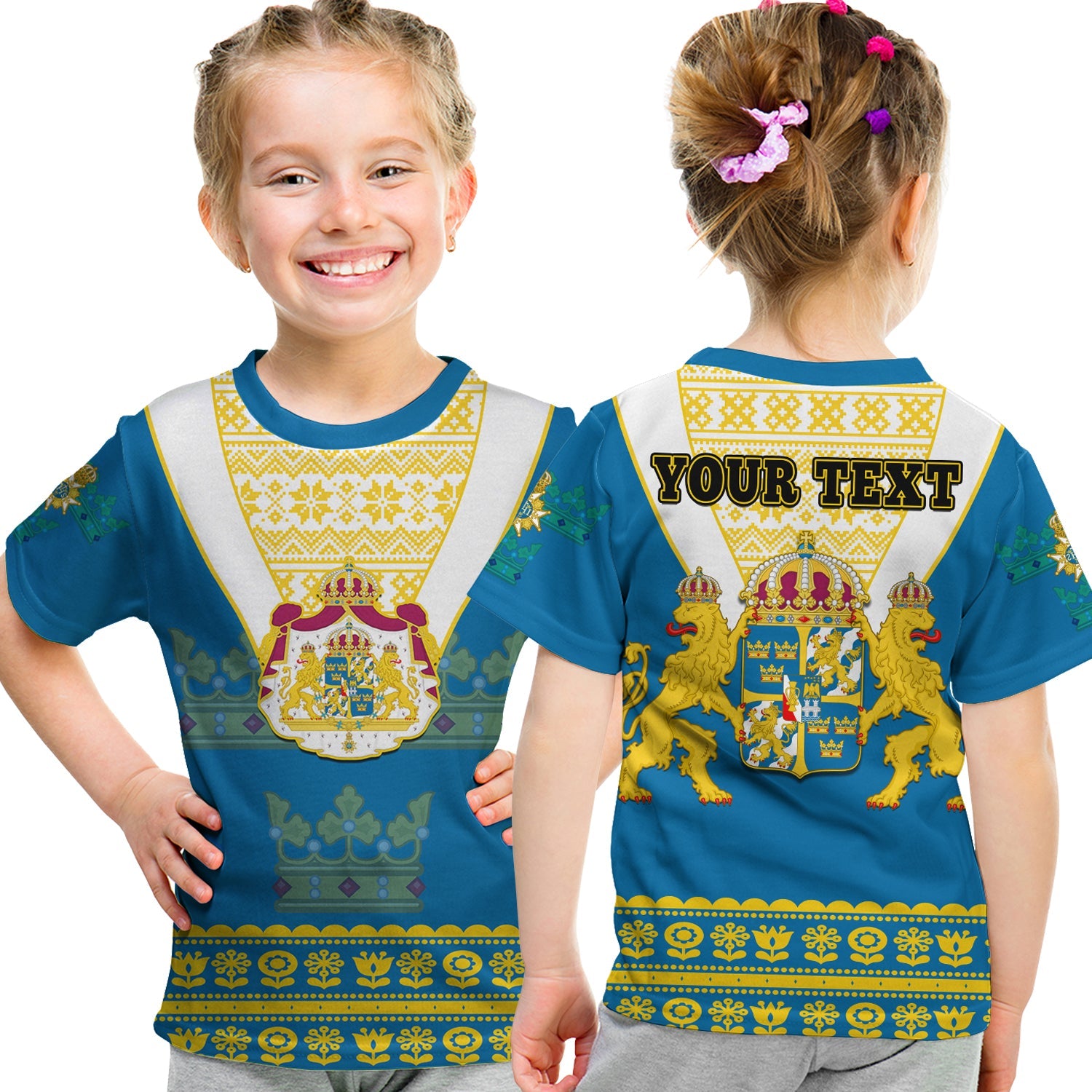 custom-personalised-sweden-t-shirt-kid-swedish-coat-of-arms-with-scandinavian-flowers