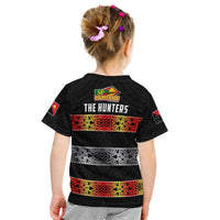 Kids black rugby T-shirt back print with SP Hunters logo and red, yellow, white tribal bands