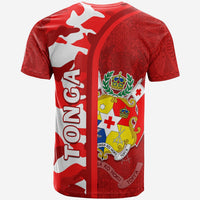 Back of red Tongan camo T-shirt with white camouflage, bold 'TONGA' text stripe