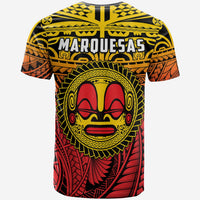 Yellow crewneck T-shirt with Marqueesas text and tiki face graphic, black and red pattern