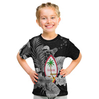 Kid Guam turtle floral T-shirt, black with 'GUAM' surfboard graphic on front