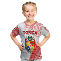 Kids Tonga graphic tee, light gray with red TONGA and crest front