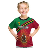 Kid Vanuatu graphic T-shirt in green and red with black collar, front print