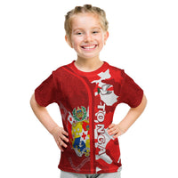 Kid red Tongan camouflage T-shirt with graphic crest and bird print on front