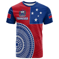 Red/blue Tuamasaga Samoa T-shirt with stars and Polynesian circular graphic