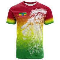 Red T-shirt with lion face graphic and Ethiopia flag emblem on front
