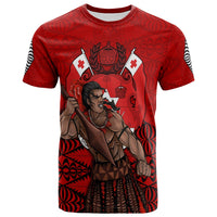 Tonga Warriors graphic T-shirt, red with warrior portrait and tribal pattern