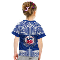 Kids rugby T-shirt back view in blue with tribal pattern and Rugby League crest
