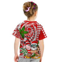 Kids red graphic beach T-shirt with back print showing Santa hat, surfboard and Hawaiian motifs