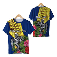 Blue Polynesian Day T-shirt, tribal sun print with flowers front