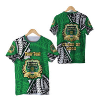 Green Polynesian T‑shirt, 'Your Text' print, school crest, tribal sleeve panels