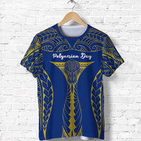 Blue T-shirt with Polynesian Day text and gold tribal bull head emblem, front view