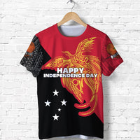 'Happy Independence Day' gold tribal animal on red/black T-shirt, stars