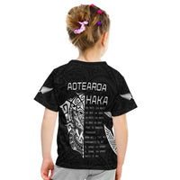 Kids black rugby T-shirt with back print 'AOTEAROA HAKA' and tribal graphic, short sleeves