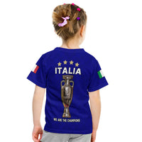 Back view: royal blue kids Italy T-shirt with trophy graphic, ITALIA text, 'We Are the Champions'