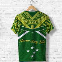 Green T-shirt with 'Never Say Die' print, white chevron, star accents