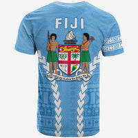 Light blue Fiji T-shirt, back view with large crest, sailboat graphic and text