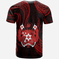 Red-and-black Tonga graphic T-shirt back, centered coat-of-arms crest