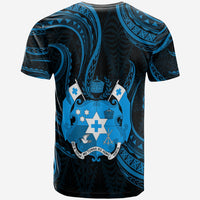 Back view Tonga graphic T-shirt, dark navy with blue crest and cross icons