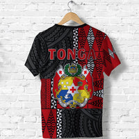 Back of red & black Tonga tribal pattern T-shirt with large TONGA text