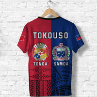 Back Tonga and Samoa graphic T-shirt, red left and blue right panels with crests