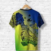Yellow T-shirt with blue patterned sleeves and back island graphic; star and symbol prints