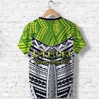 Green and black patterned back print T-shirt with large white text "Never Say Die"