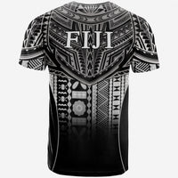 Black T-shirt back with large tribal pattern and 'FIJI' lettering across the upper back