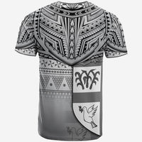 Black graphic T-shirt with Fiji tribal print, back shield panel with palm and bird