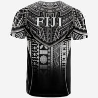 Black T-shirt back with large FIJI text and tribal geometric pattern