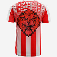 Adults red/white striped T-shirt with large lion head graphic and patterned yoke