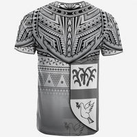 Black T-shirt with tribal pattern and crest-style back graphic, short sleeves