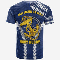 Fiji navy T-shirt back with yellow anchor graphic, white patterned trim, short sleeves