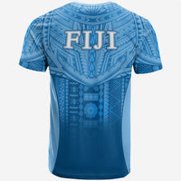 Blue t-shirt back with large FIJI lettering and tribal design pattern