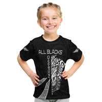Kids black rugby T-shirt with 'ALL BLACKS' and haka artwork, short sleeves