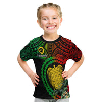 Kid black T-shirt with Vanuatu heart polynesian graphic, turtle and palm design