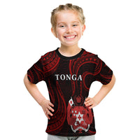 Kid Tonga pattern T-shirt, black/red tribal print with TONGA logo front view