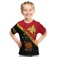 Kids red rugby T-shirt with PNG logo, diagonal yellow sash, and black star pattern