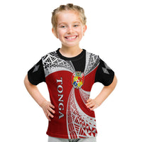 Kids red T-shirt with black sleeves, TONGA print and white Tongan tapa geometric design