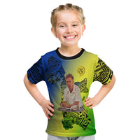 Kids yellow T-shirt with blue graphic panel and tribal animal print, black crew neck