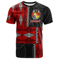 Red & black Tonga tribal T-shirt, front view with crest and geometric bands
