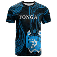 Dark navy and bright blue Tonga graphic T-shirt with large “TONGA” text and crest