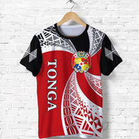 Red Tongan tapa T-shirt with black sleeves, white patterns, and vertical TONGA text
