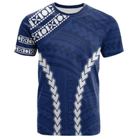 Fiji navy T-shirt with white Aztec trim and geometric side bands, short sleeves