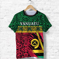 Vanuatu graphic T-shirt in green with Vanuatu text and red-and-yellow flag pattern