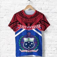 Red FAST Samoa T-shirt with tribal pattern and blue crest graphic front