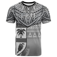 Black graphic T-shirt with Fiji tribal print, palm and bird front design