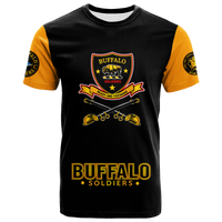 Black crewneck T-shirt with gold sleeves; front crest, crossed rifles, and logo text.