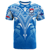 Blue rugby-style T-shirt with crew neck, short sleeves, and Samoa crest graphic